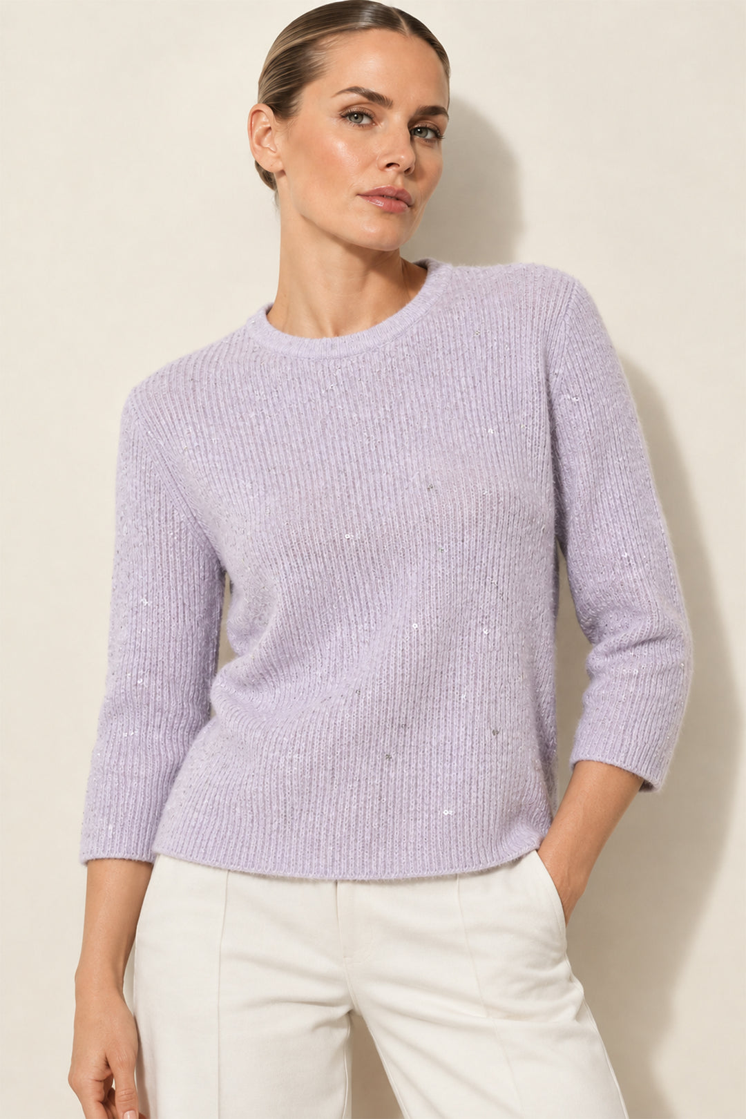 Emme EMMSTRILLO Lilac Purple Comfy Wool Sequins Yarn Jumper, front view