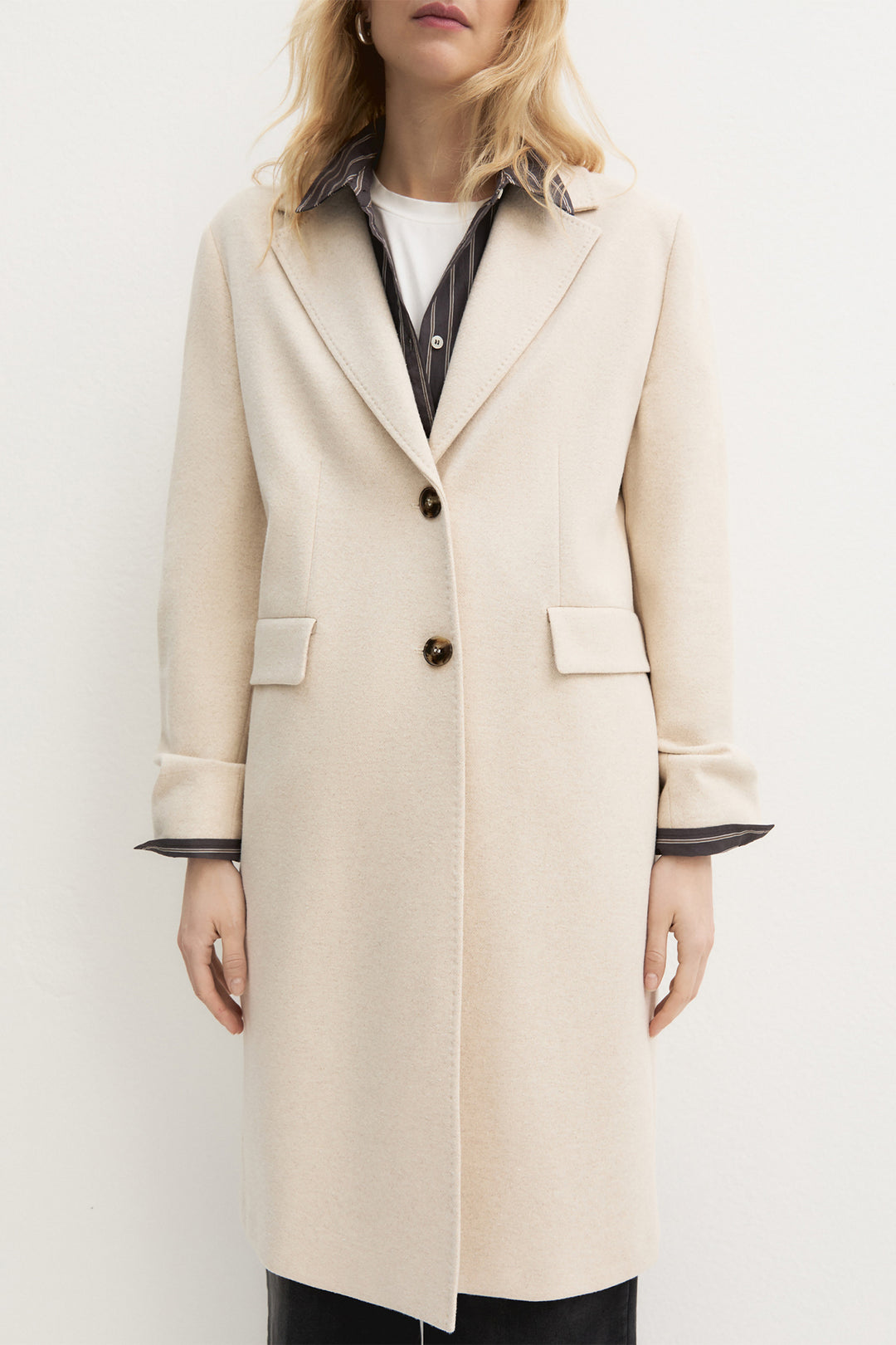 Emme Ivory White Plain Brushed Jacquard Jersey Coat, front model shot cropped