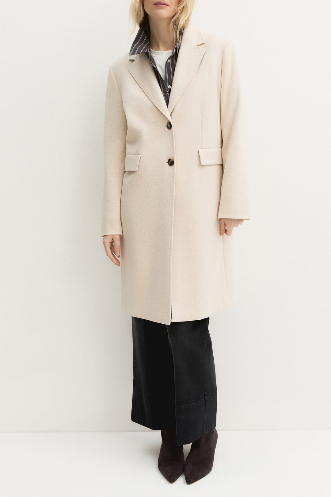 Emme Ivory White Plain Brushed Jacquard Jersey Coat, front model shot full length