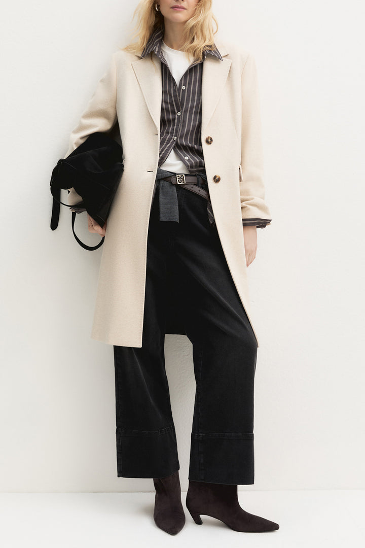 Emme Ivory White Plain Brushed Jacquard Jersey Coat, front model shot full length worn open