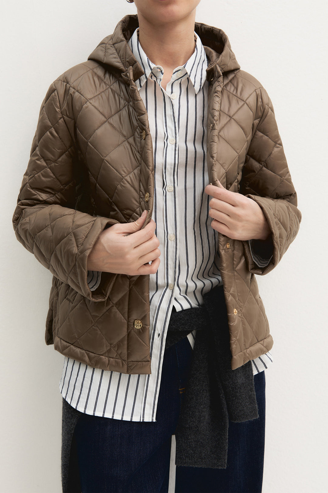 Emme Turtledove Brown Quilted Jacket, front model shot cropped