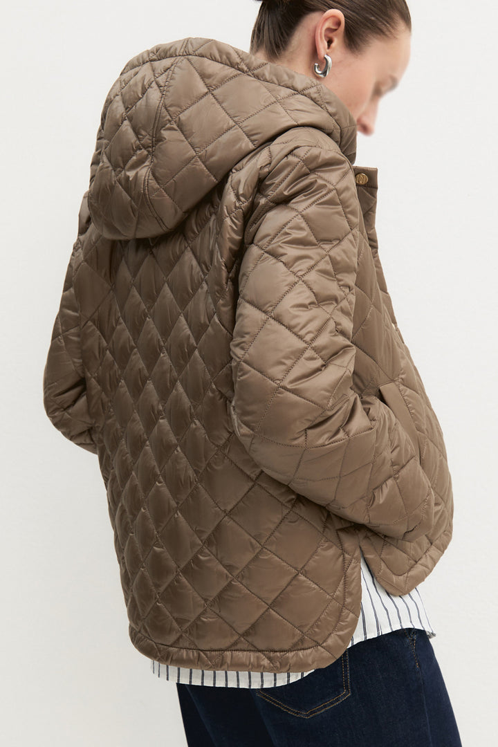 Emme Turtledove Brown Quilted Jacket, back model shot showing the hood