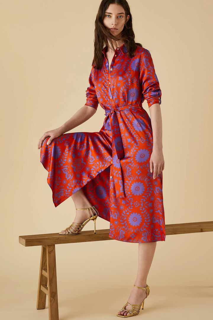 Emme Frizzo 2352261839200 Geranium Red Print Midi Shirt Dress - Olivia Grace Fashion