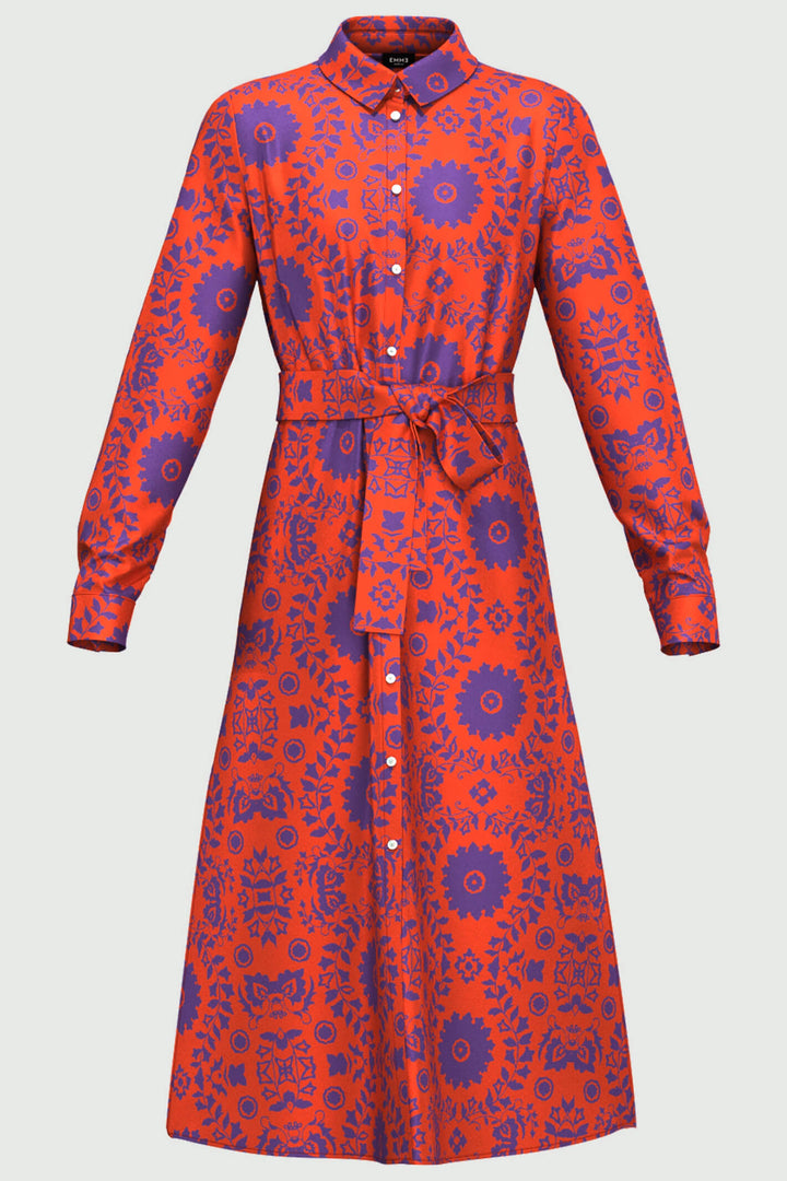 Emme Frizzo 2352261839200 Geranium Red Print Midi Shirt Dress - Olivia Grace Fashion