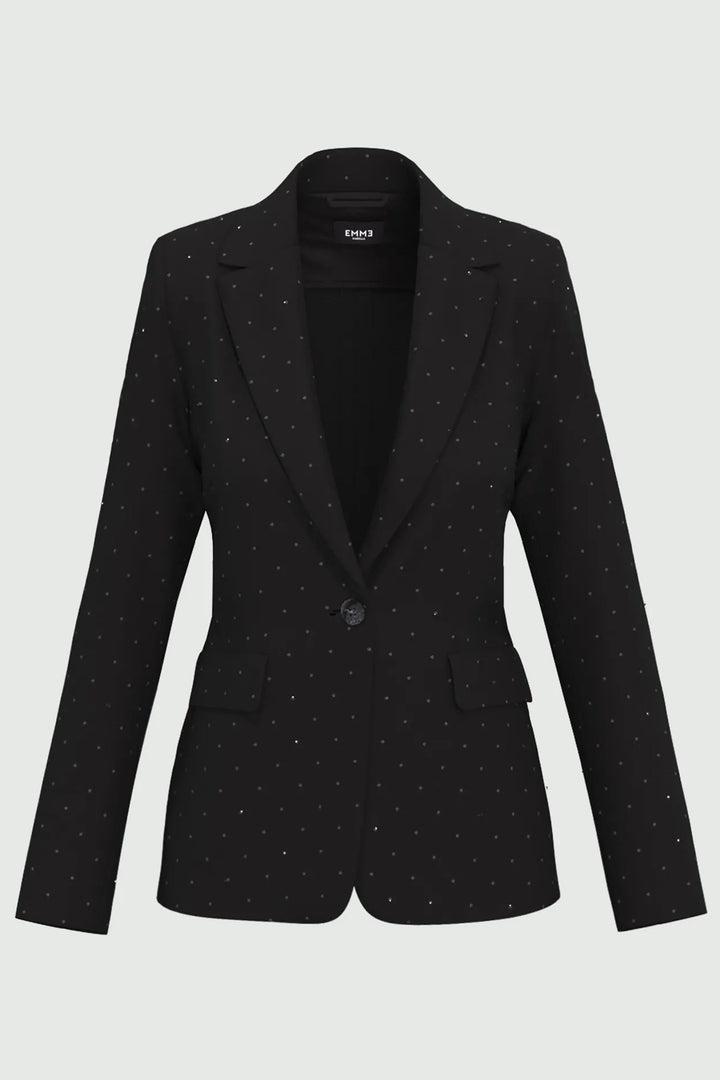 Black blazer with subtle pattern on a light gray background