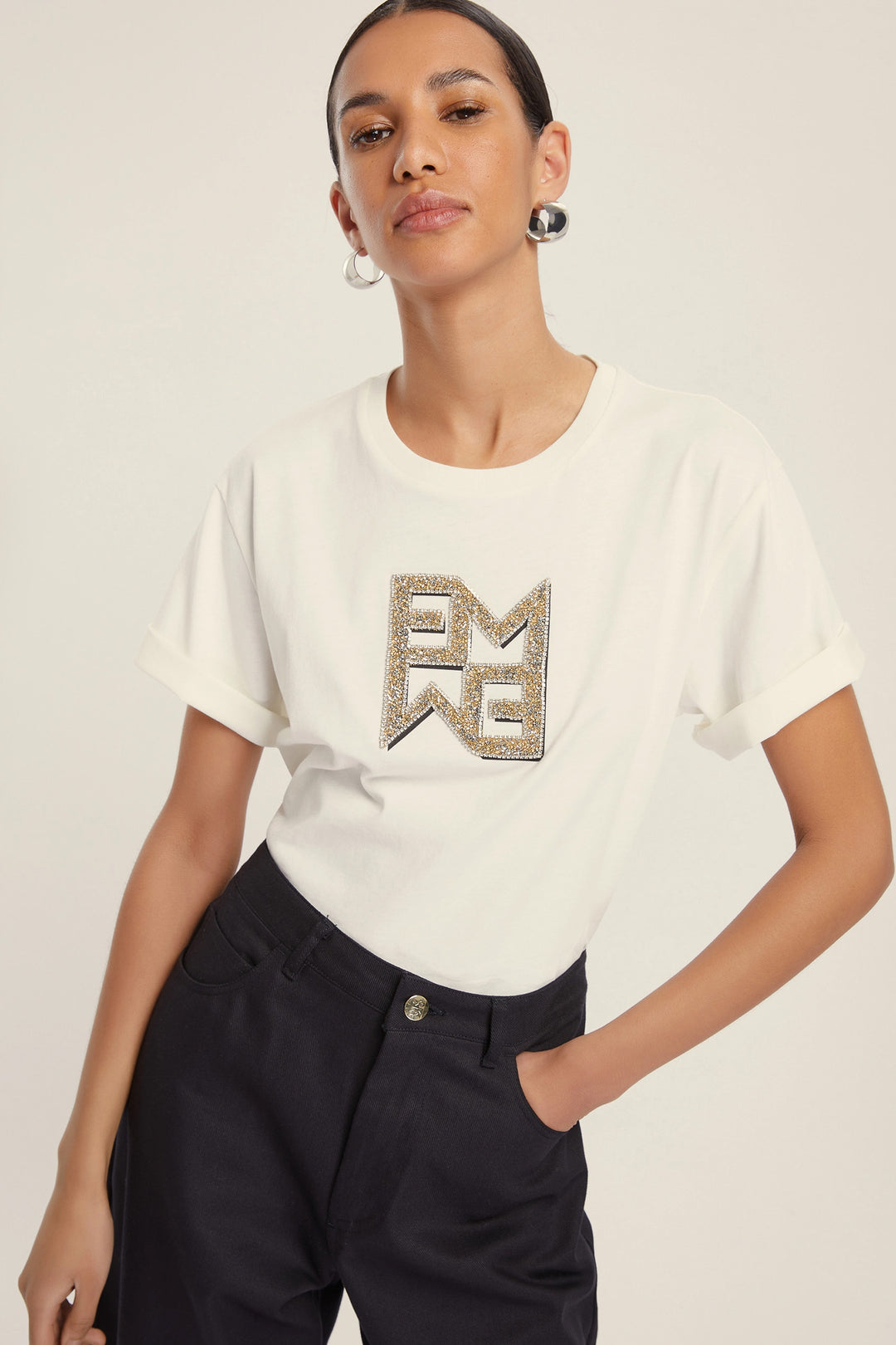 Emme Micaelabis Cream Logo T-Shirt 2525976021200 - Olivia Grace Fashion