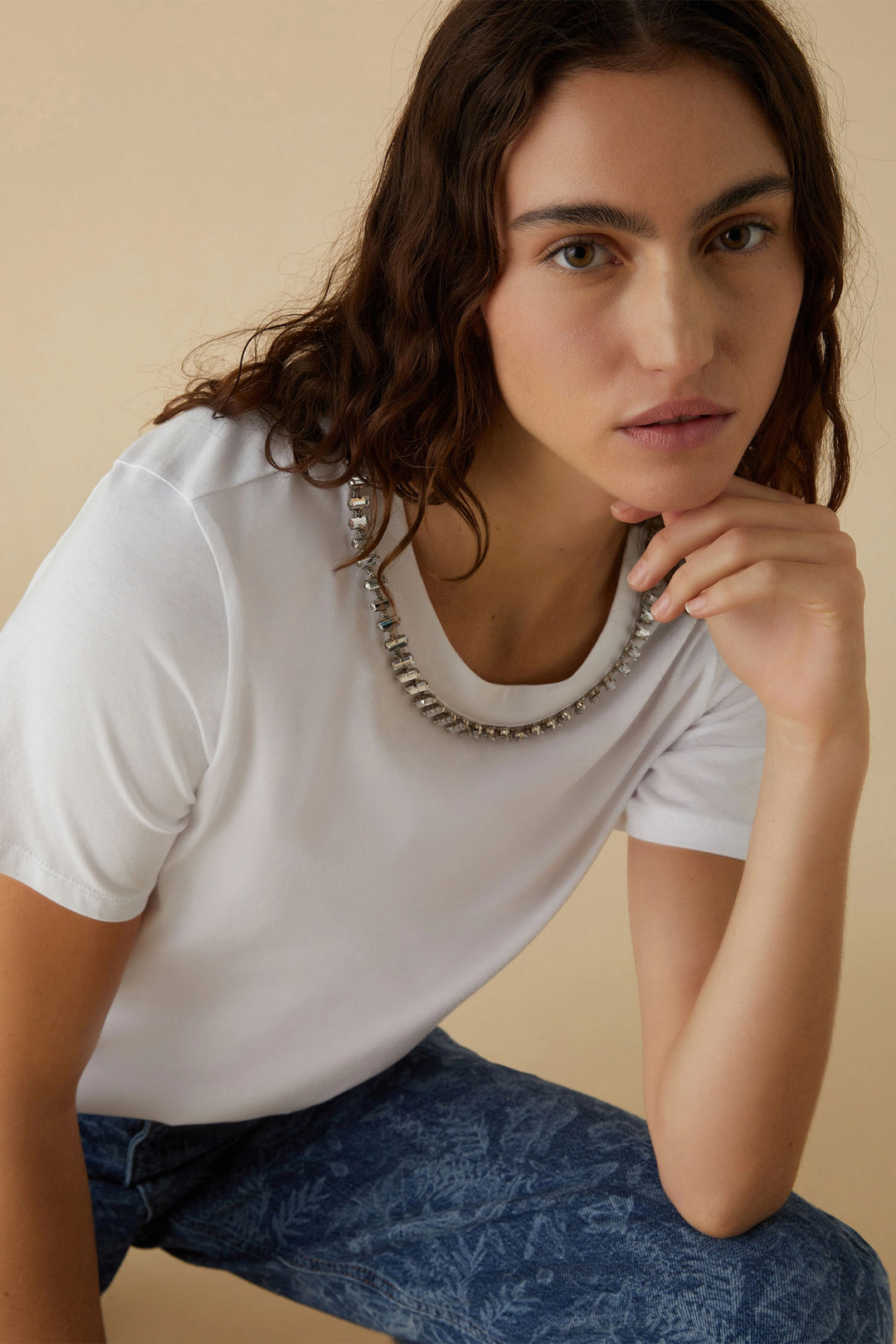 Emme Ordine 2415971052200 White Rhinestone T-Shirt - Olivia Grace Fashion