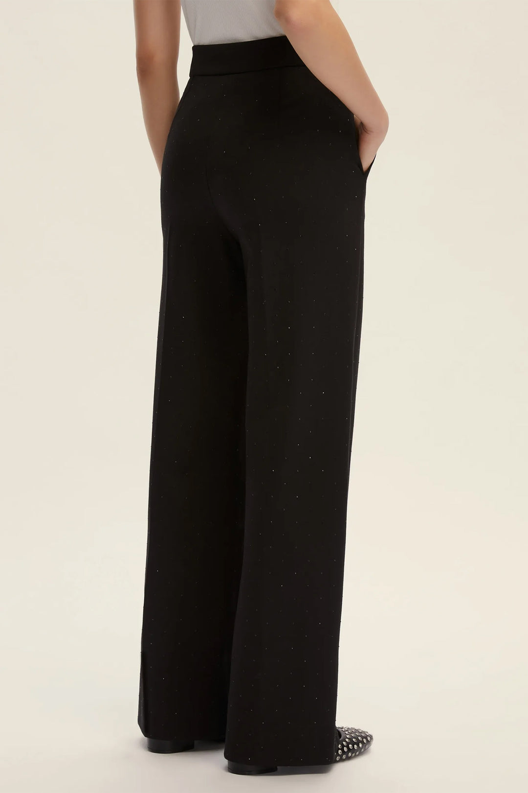Person wearing black wide-leg pants on a plain background