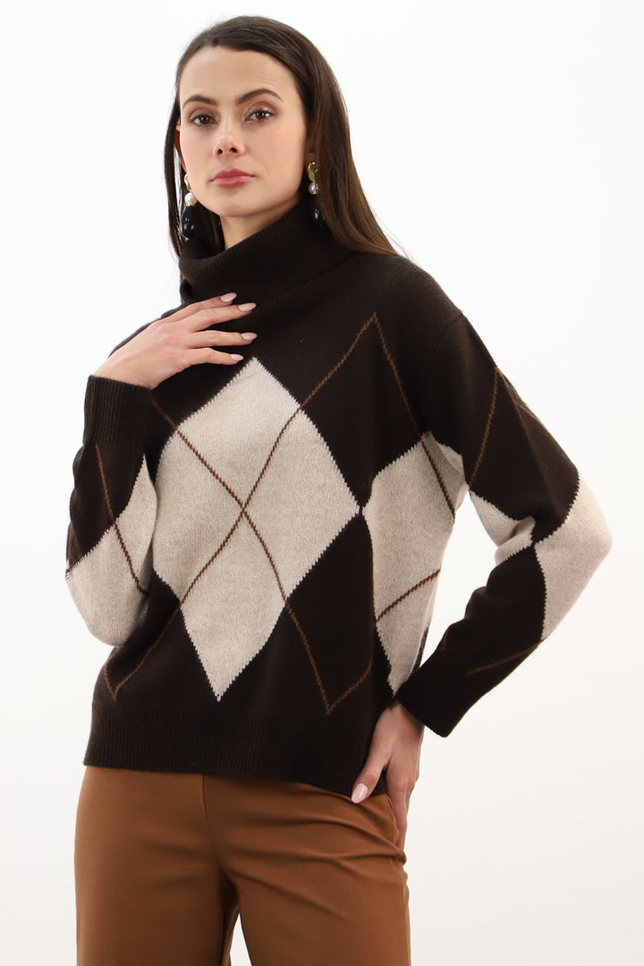 Estheme Americano, Oat &amp; Tam Argyle High Neck Jumper WES26B26H, front view
