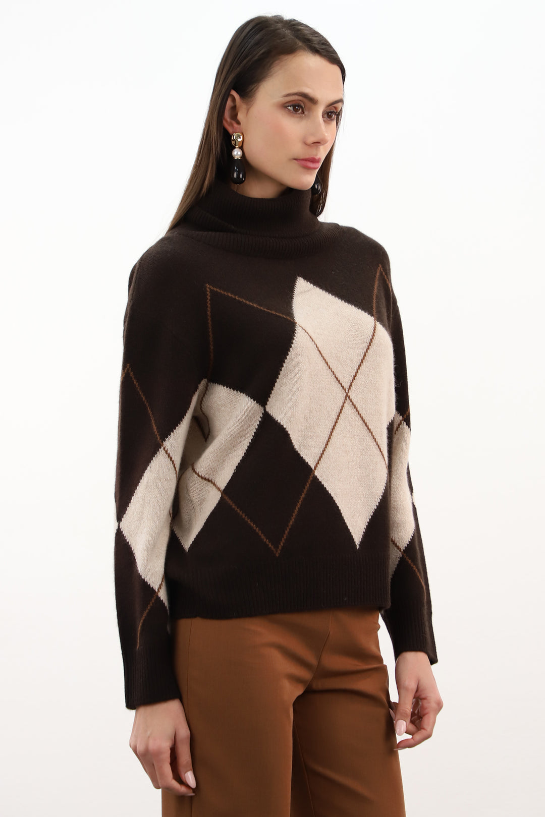 Estheme Americano, Oat &amp; Tam Argyle High Neck Jumper WES26B26H, back view