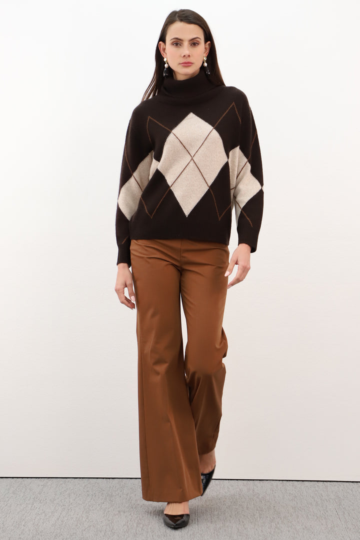 Estheme Americano, Oat &amp; Tam Argyle High Neck Jumper WES26B26H, detail