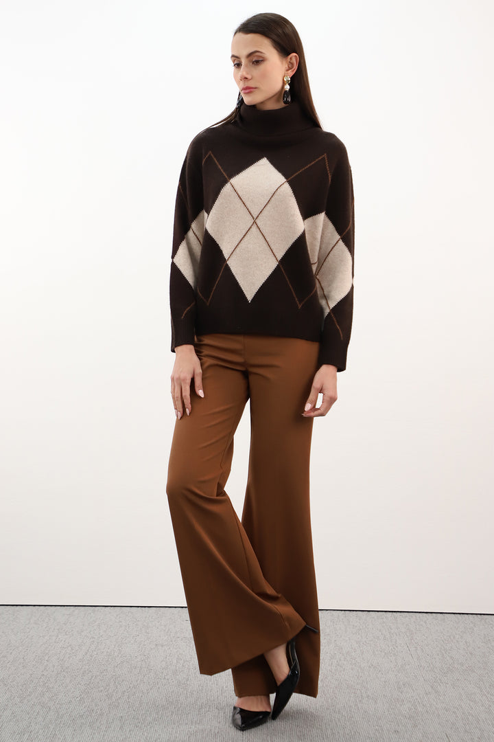 Estheme Americano, Oat &amp; Tam Argyle High Neck Jumper WES26B26H, packshot