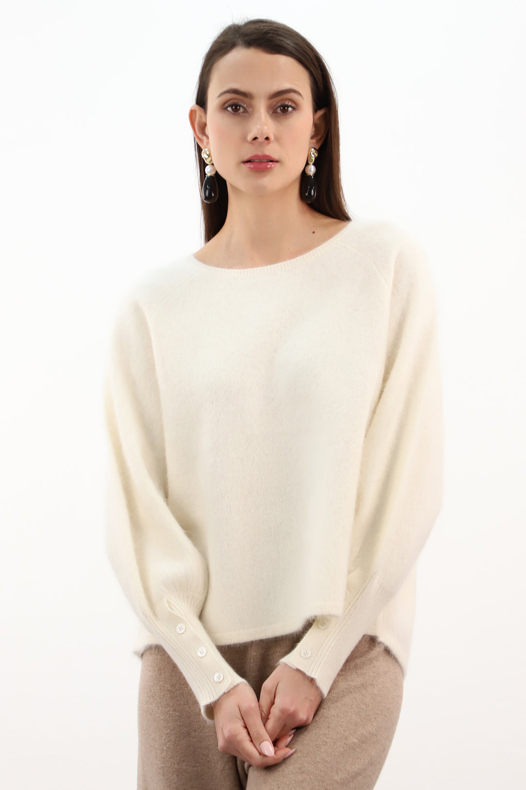 Estheme Cream Beige Round Neck Racoon Mix Jumper 22BBSW25R-1, front view