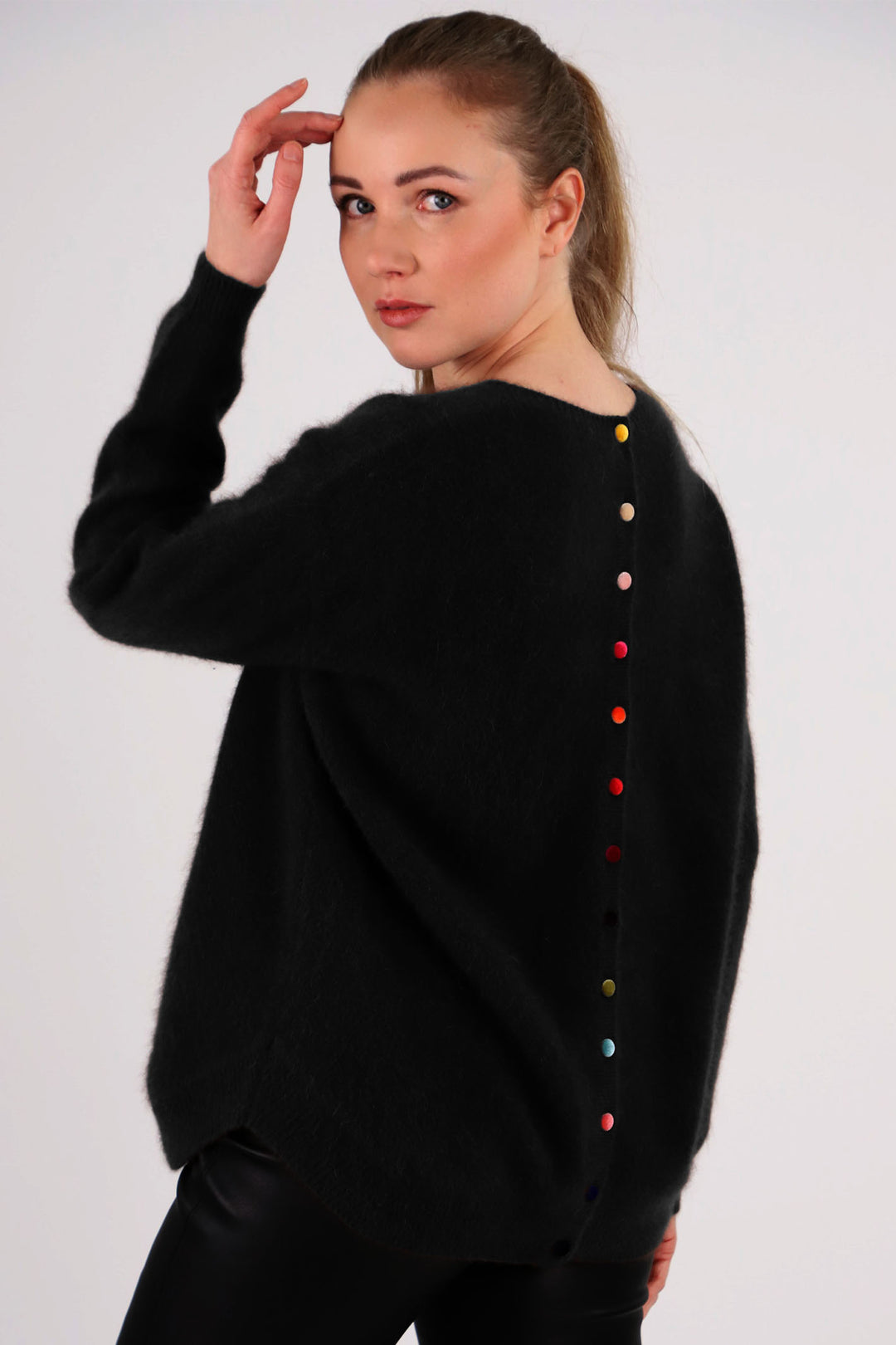 Estheme Jumper Black Round Neck Multi Colour Button Back WES2482HR - Olivia Grace Fashion