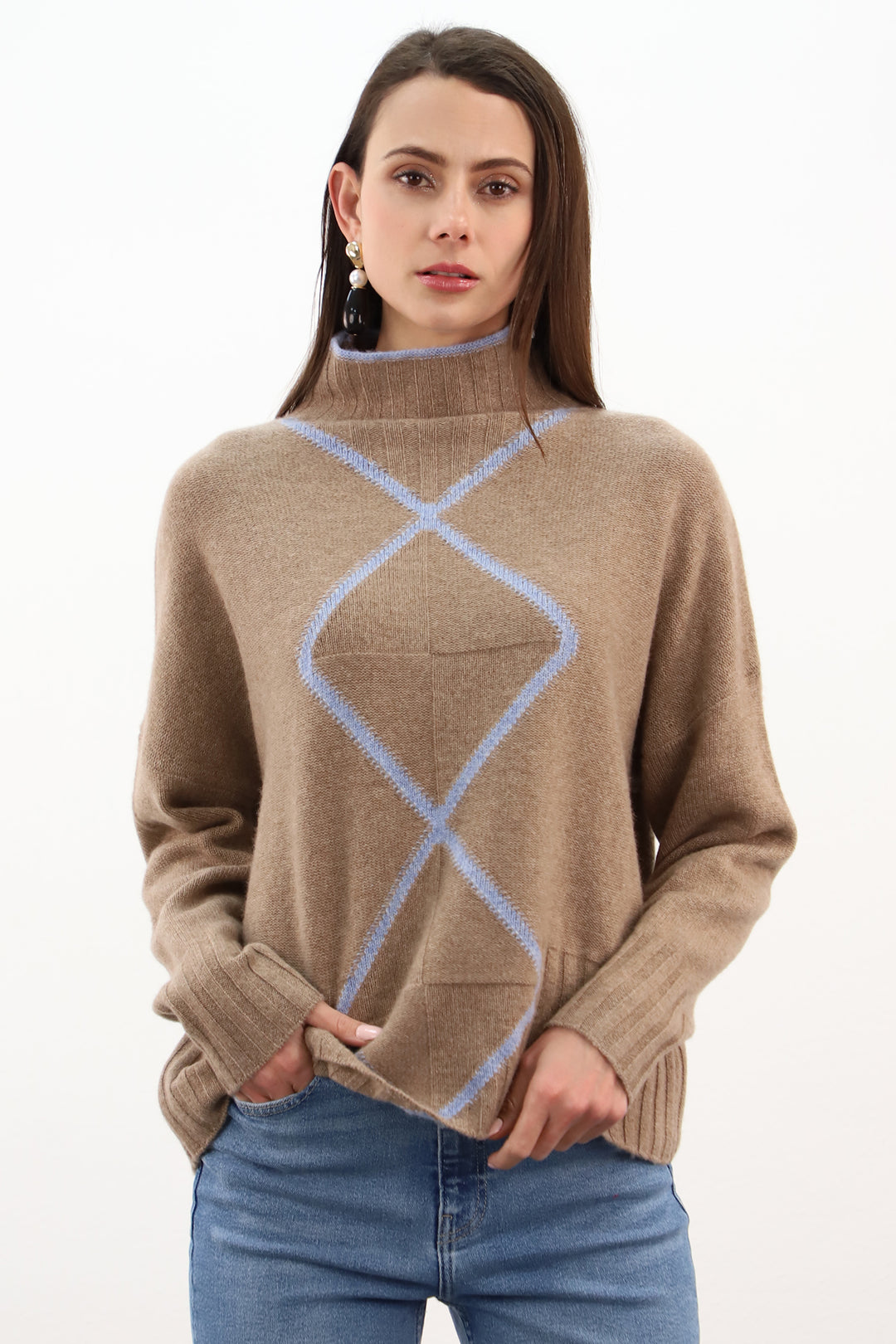 Estheme Latte &amp; Glacier Multicolour Contrast Argyle Jumper CKH6323C, front view