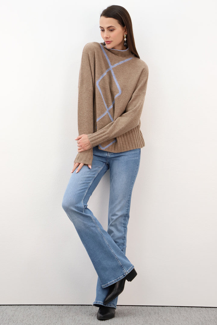 Estheme Latte &amp; Glacier Multicolour Contrast Argyle Jumper CKH6323C, full length