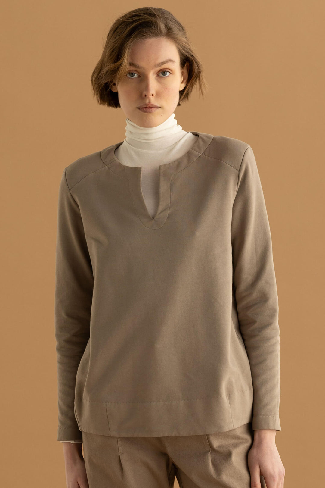 European Culture 49HO-2250-1388 Taupe Split Neck Long Sleeve Top - Olivia Grace Fashion