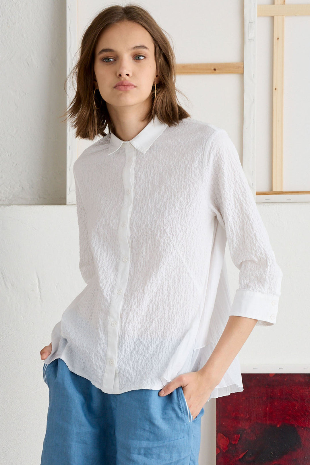 European Culture 683U-3259-1101 Optical White Crinkle Back Shirt - Olivia Grace Fashion