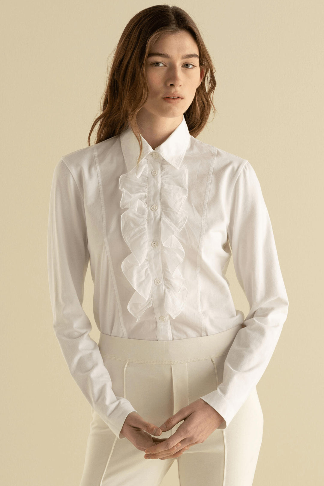 European Culture 68BU-2842-1101 White Ruffle Front Shirt - Olivia Grace Fashion