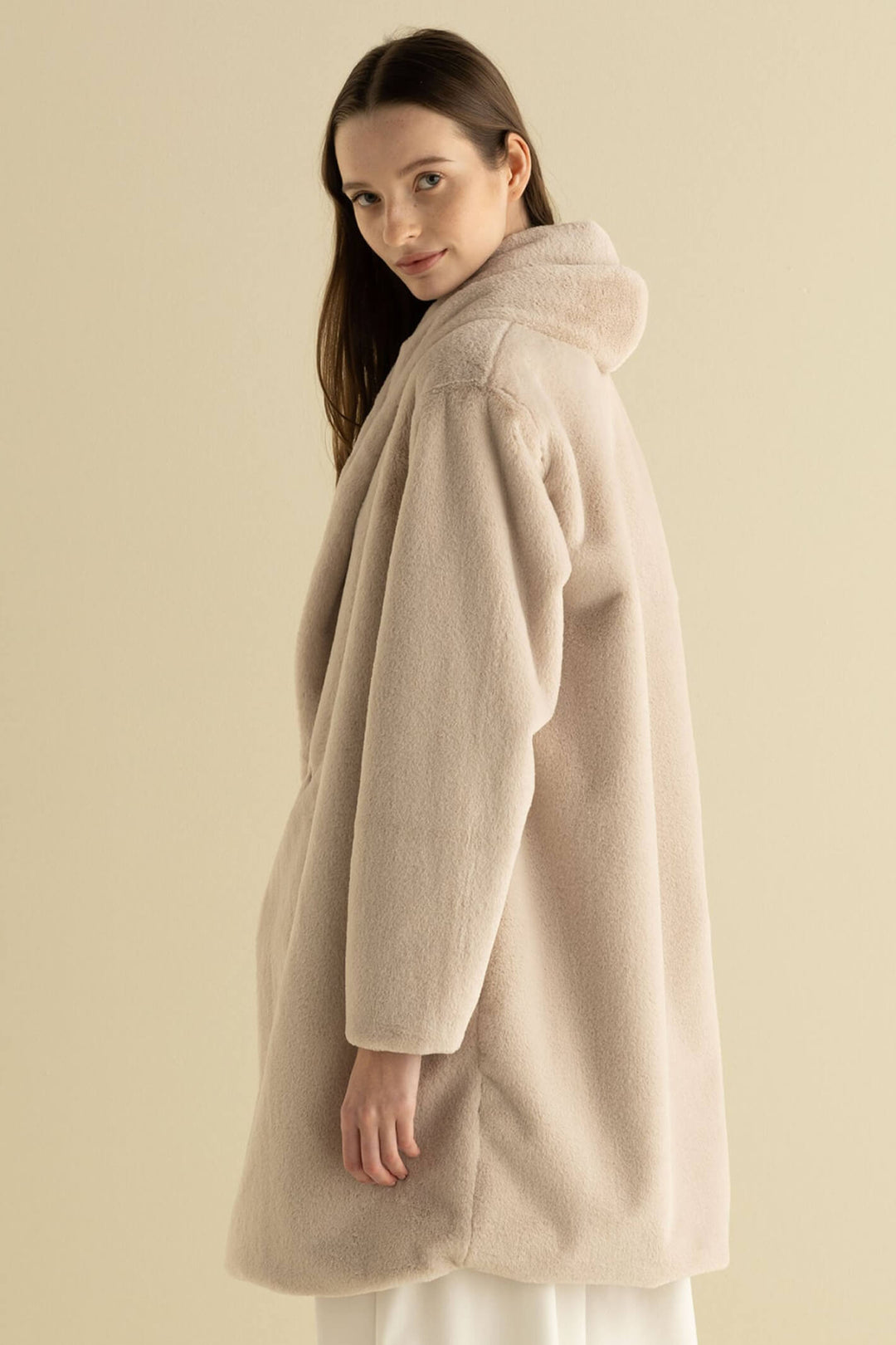 European Culture 78A0-6110-0649 Taupe Plush Shawl Collar Coat - Olivia Grace Fashion