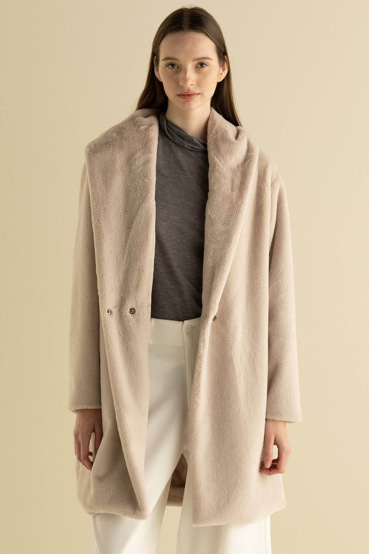 European Culture 78A0-6110-0649 Taupe Plush Shawl Collar Coat - Olivia Grace Fashion