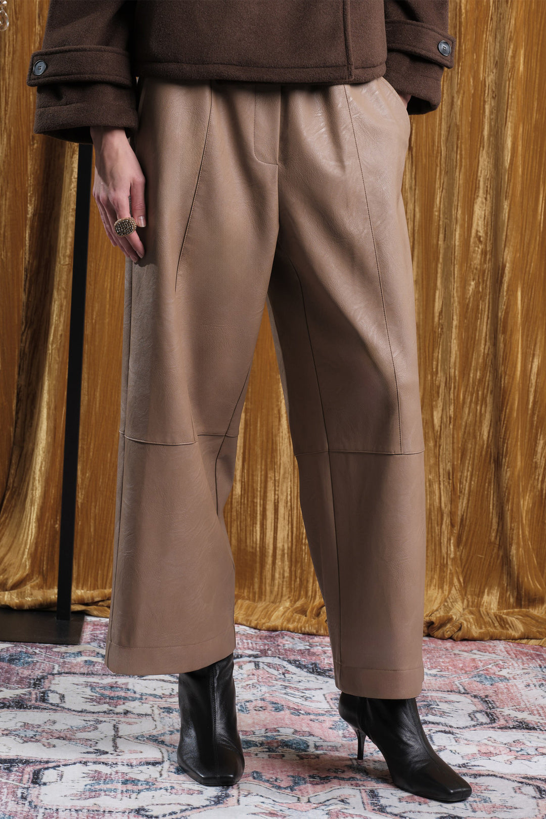 Floor Almond Wide Leg Faux Leather Trousers