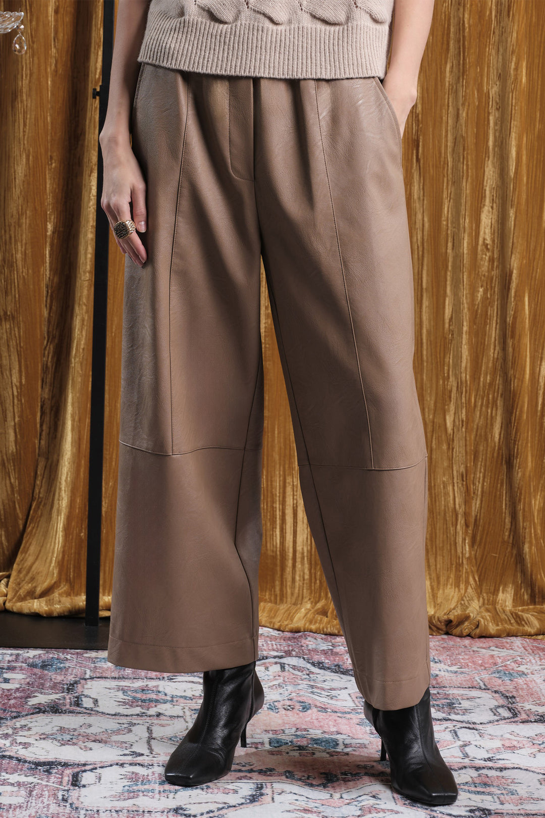 Floor Almond Wide Leg Faux Leather Trousers
