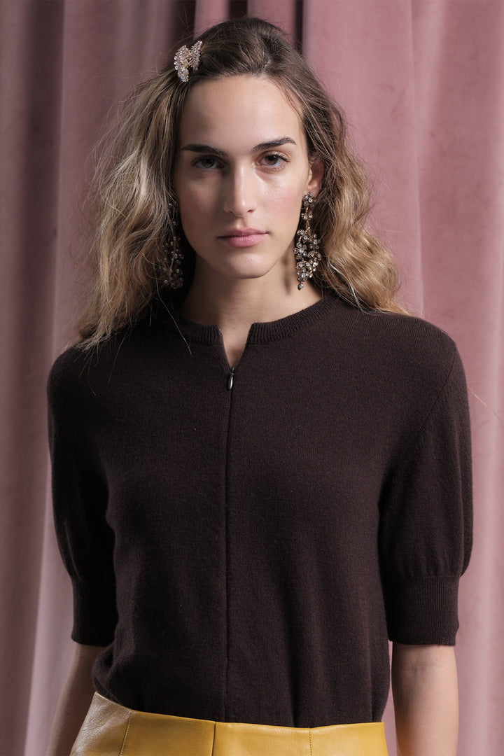 Floor Espresso Short Sleeve Virgin Wool Cardigan