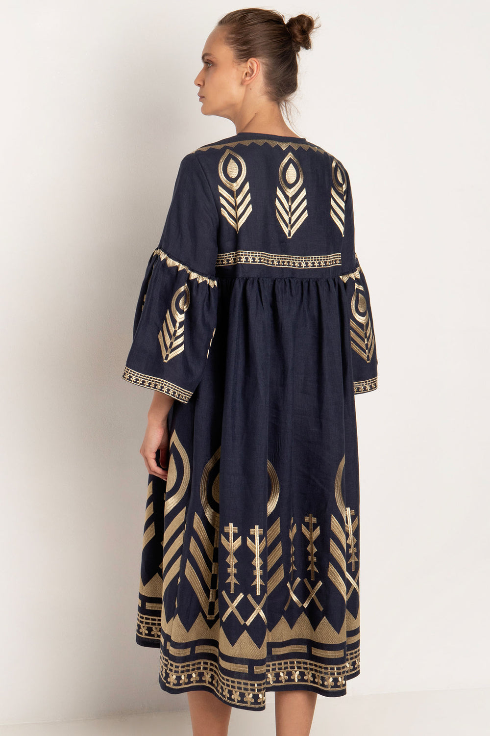 Greek Archaic Kori 230655 Navy Gold Feather Bell Sleeve Dress - Olivia Grace Fashion