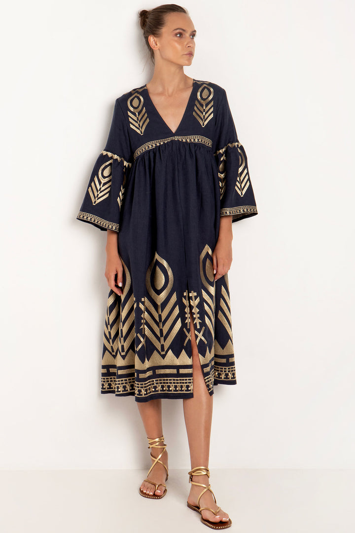 Greek Archaic Kori 230655 Navy Gold Feather Bell Sleeve Dress - Olivia Grace Fashion