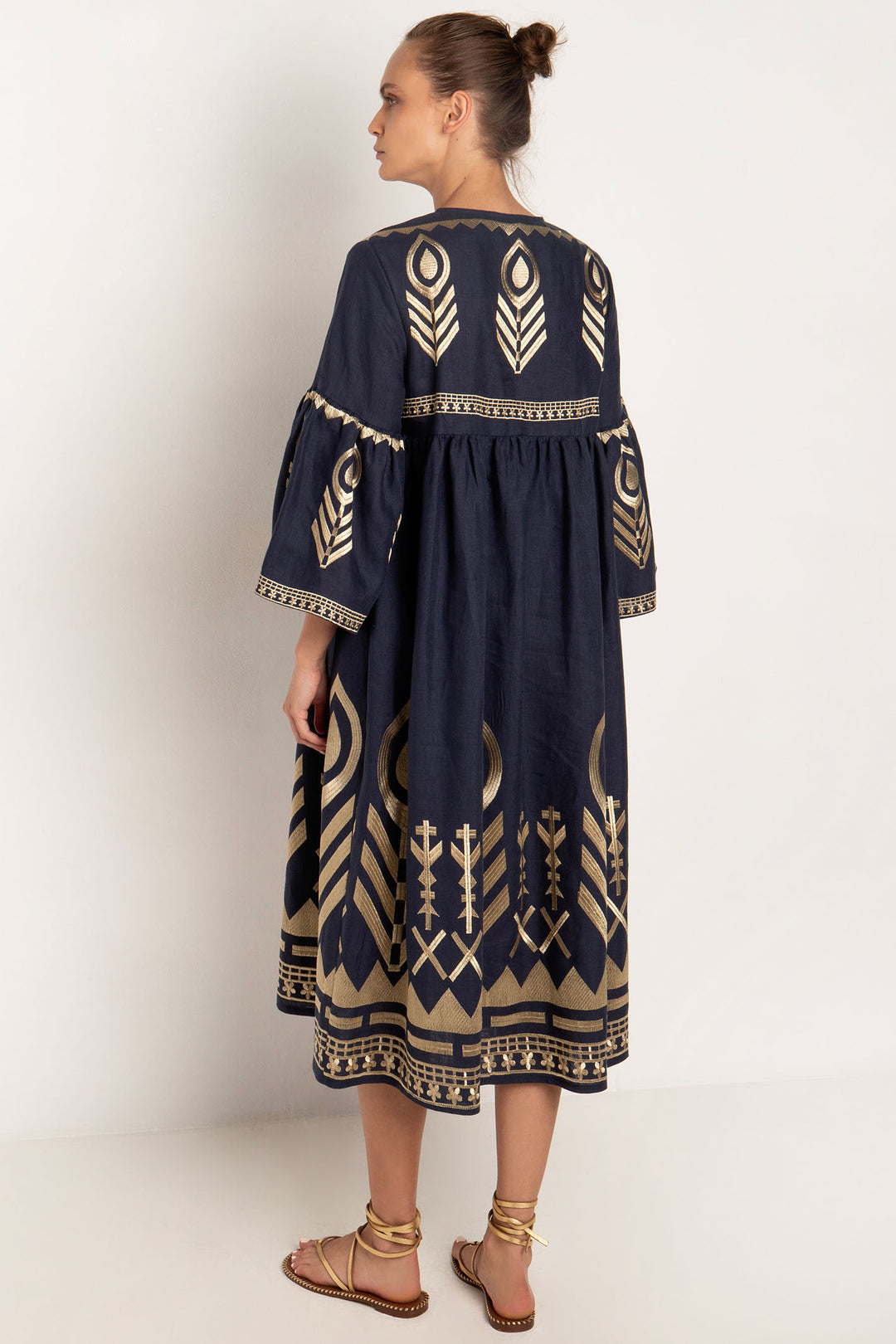 Greek Archaic Kori 230655 Navy Gold Feather Bell Sleeve Dress - Olivia Grace Fashion