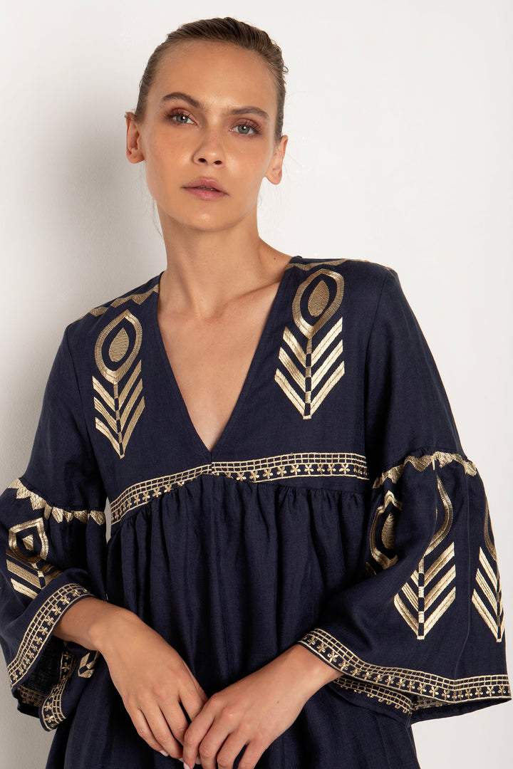 Greek Archaic Kori 230655 Navy Gold Feather Bell Sleeve Dress - Olivia Grace Fashion