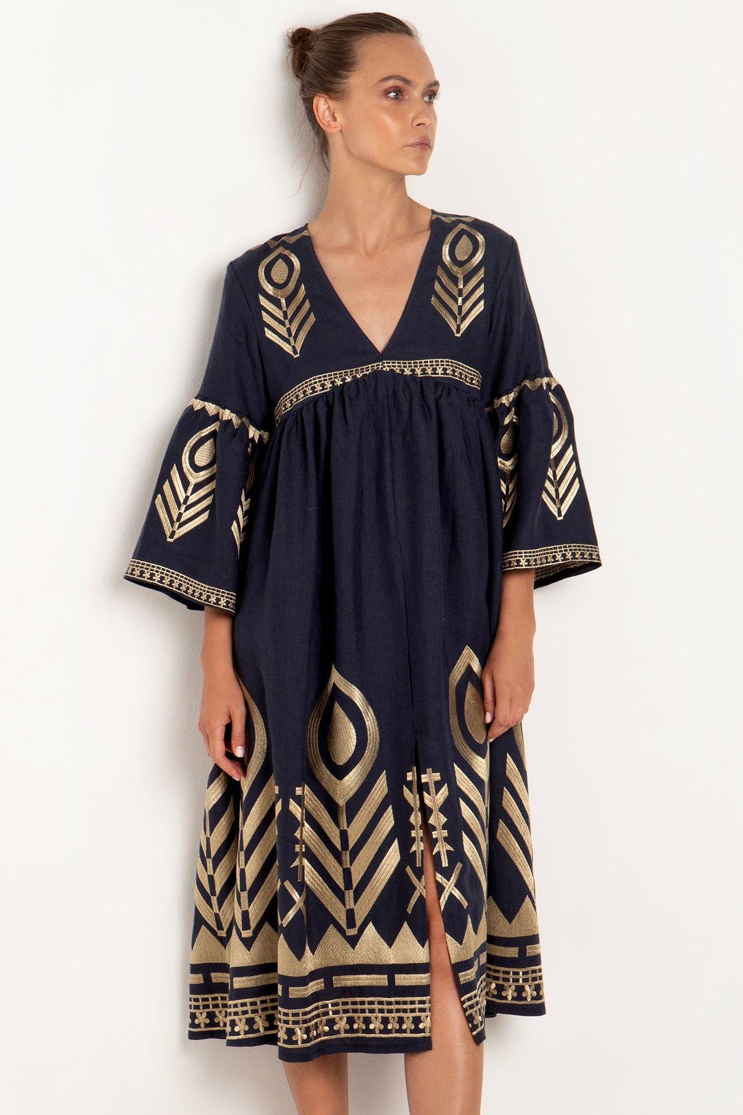 Greek Archaic Kori 230655 Navy Gold Feather Bell Sleeve Dress - Olivia Grace Fashion