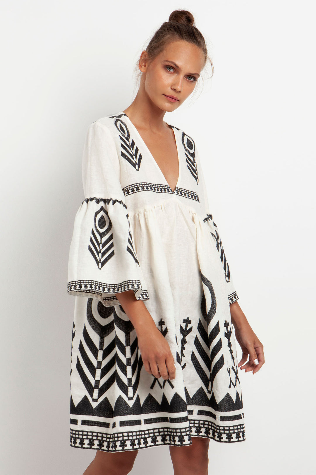 Greek Archaic Kori 230665 White Black Bell Sleeve Feather Embroidered Linen Dress - Olivia Grace Fashion