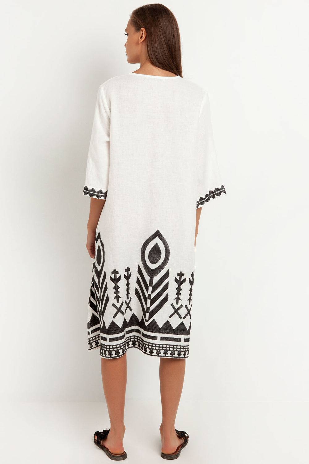 Greek Archaic Kori 230676 White Black V-Neck Feather Embroidered Linen Dress - Olivia Grace Fashion
