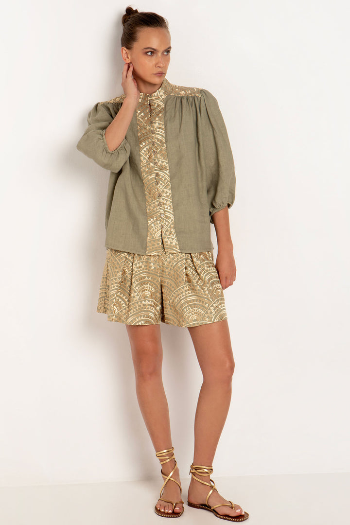 Greek Archaic Kori 250109 Tea Green Gold Emboidered Linen Shirt - Olivia Grace Fashion