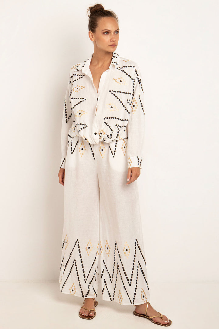Greek Archaic Kori 250172 Natural Cream Black Zig Zag Linen Blouse - Olivia Grace Fashion