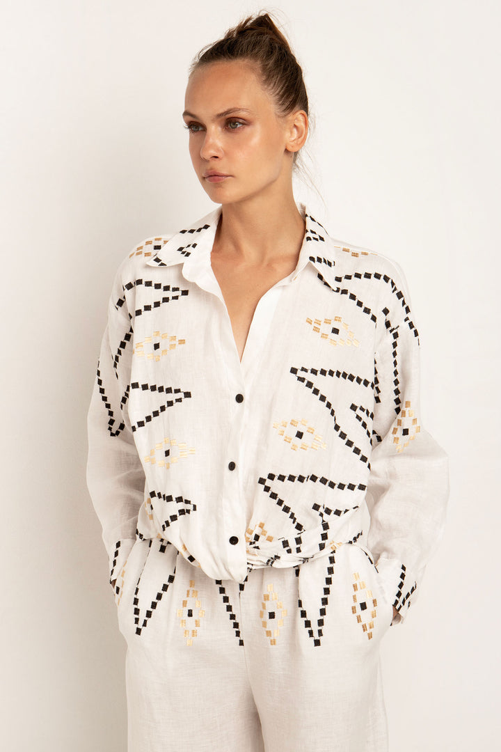 Greek Archaic Kori 250172 Natural Cream Black Zig Zag Linen Blouse - Olivia Grace Fashion