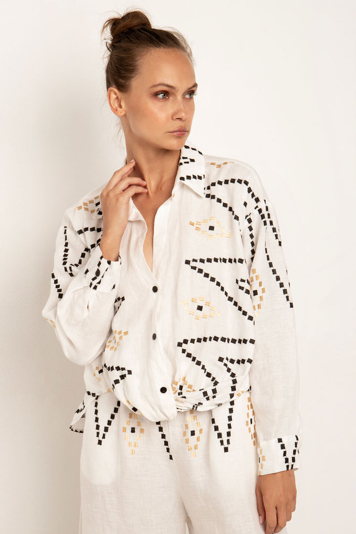 Greek Archaic Kori 250172 Natural Cream Black Zig Zag Linen Blouse - Olivia Grace Fashion