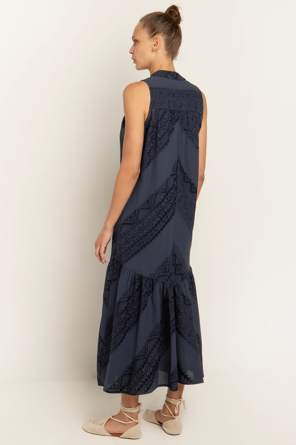 Greek Archaic Kori 330242 Navy Blue Sleeveless Cotton Dress - Olivia Grace Fashion