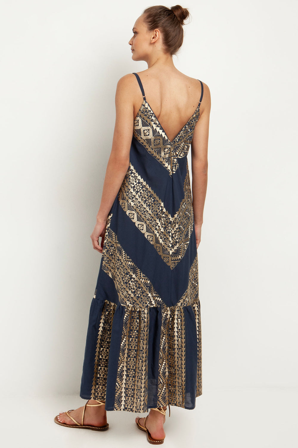 Greek Archaic Kori 330262 Navy Gold Embroidered Cotton Strap Dress - Olivia Grace Fashion