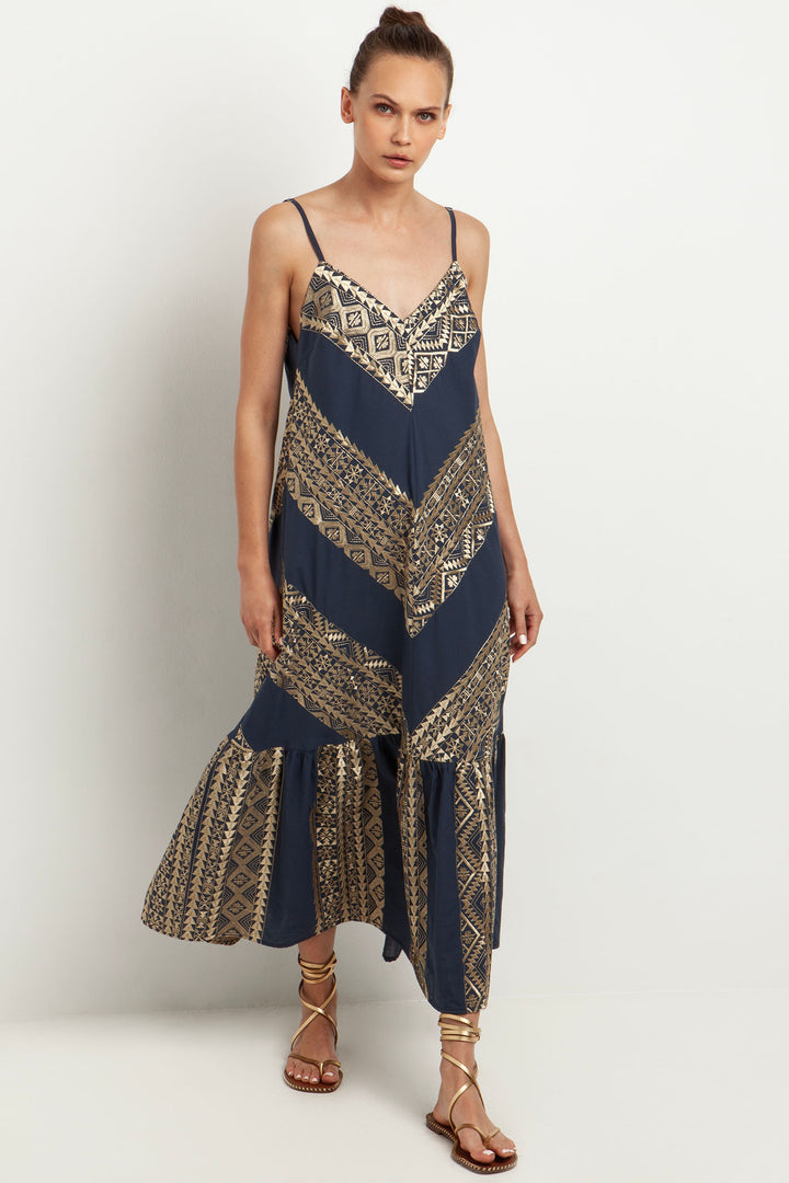 Greek Archaic Kori 330262 Navy Gold Embroidered Cotton Strap Dress - Olivia Grace Fashion