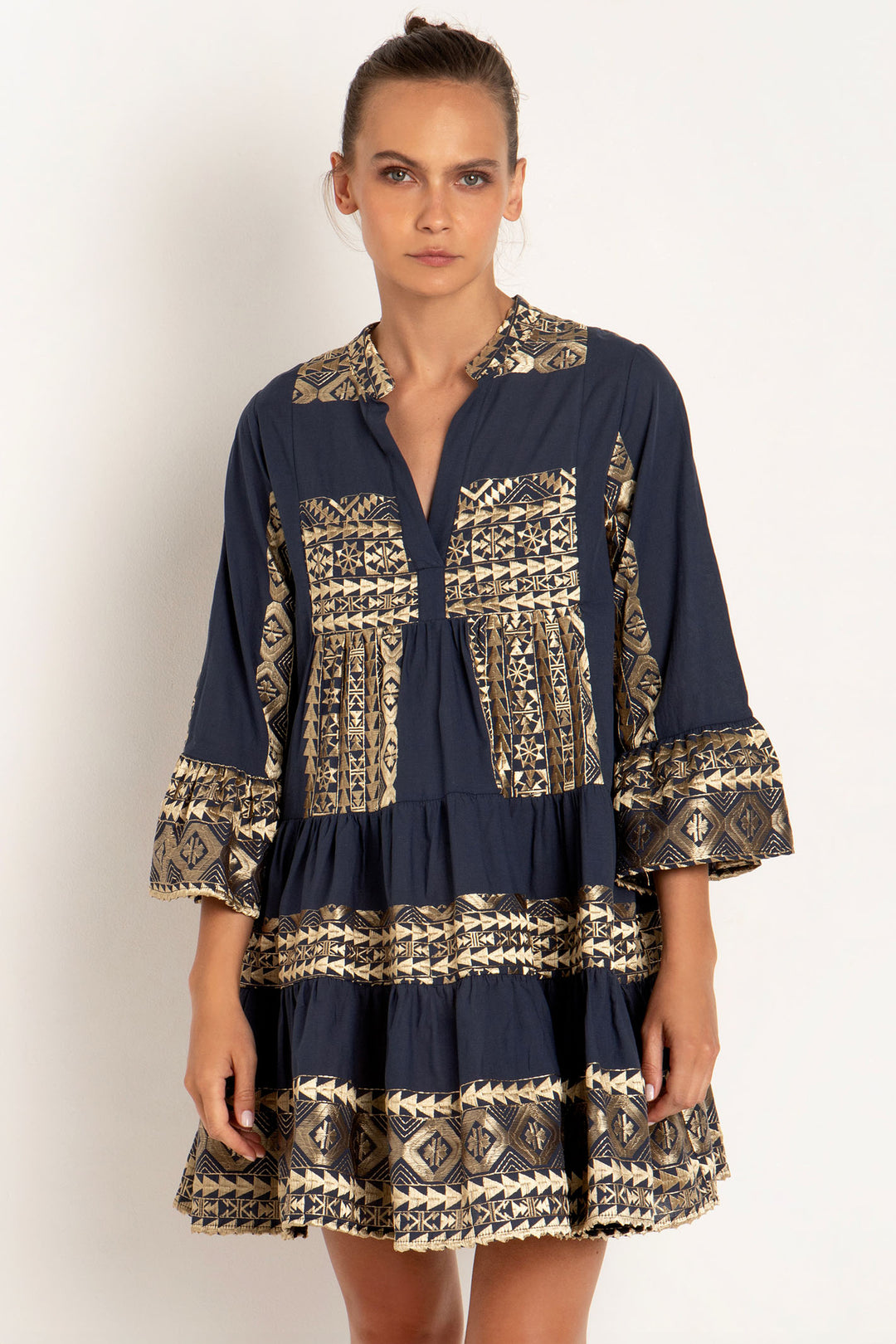 Greek Archaic Kori 330652 Navy Blue Total Short Cotton Dress - Olivia Grace Fashion