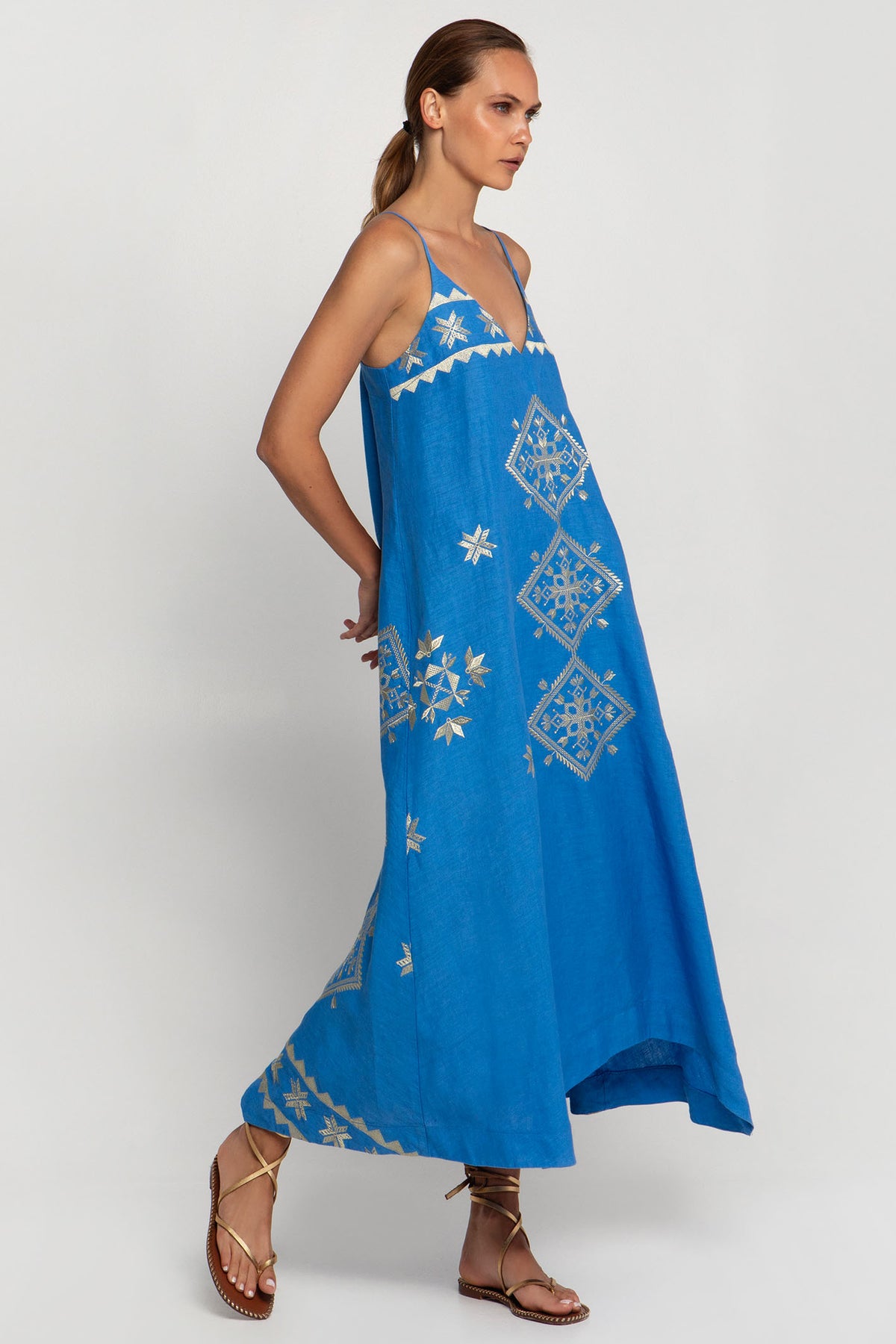 Greek Archaic Kori S25K-230632 Long Dress Blue Gold Olivia Grace Fashion Greek Archaic Kori S25K-230632 Long Dress Blue Gold Olivia Grace Fashion