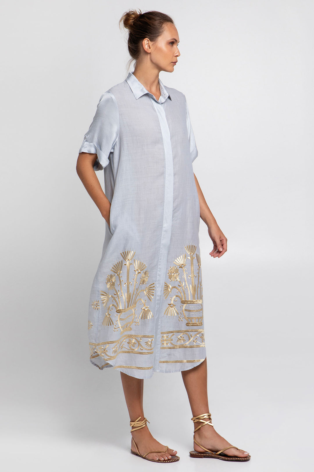 Greek Archaic Kori S25K-530273 Embroidered Shirt Dress Light Grey Gold Olivia Grace Fashion Greek Archaic Kori S25K-530273 Embroidered Shirt Dress Light Grey Gold Olivia Grace Fashion