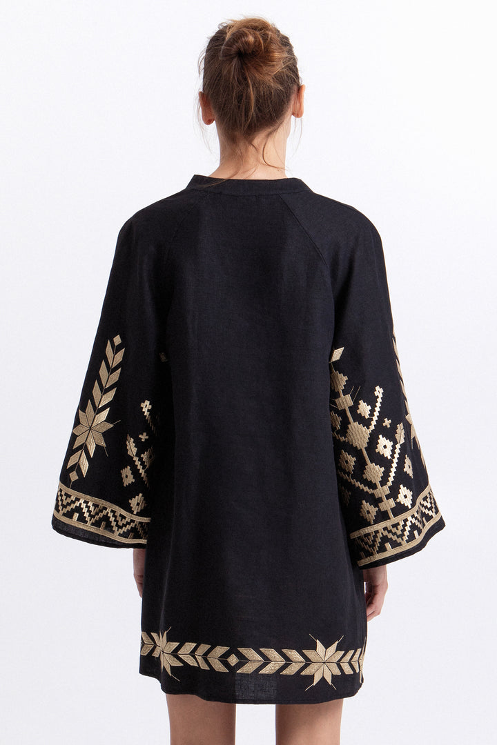 Greek Archaic Kori S26K-2043204 Black Gold Bell Sleeve Linen Dress 1201