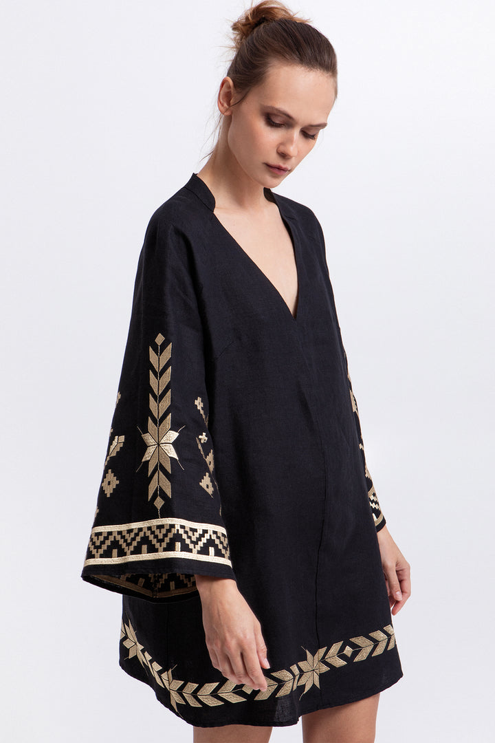 Greek Archaic Kori S26K-2043204 Black Gold Bell Sleeve Linen Dress 1201