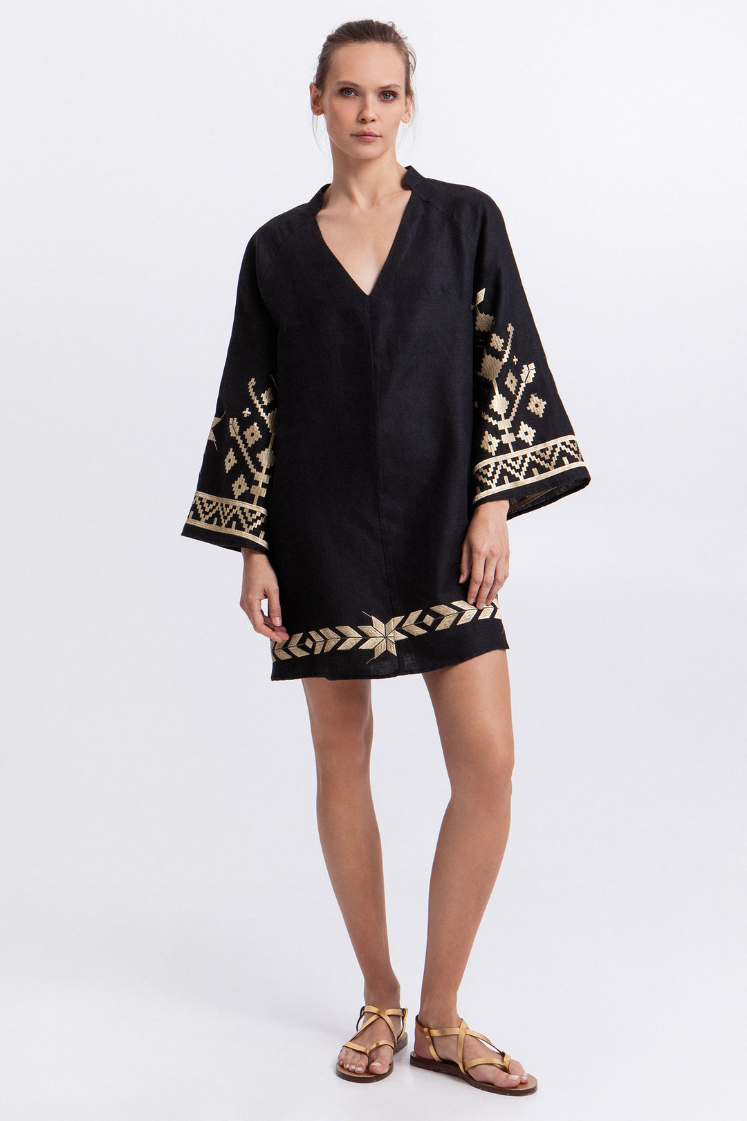 Greek Archaic Kori S26K-2043204 Black Gold Bell Sleeve Linen Dress 1201