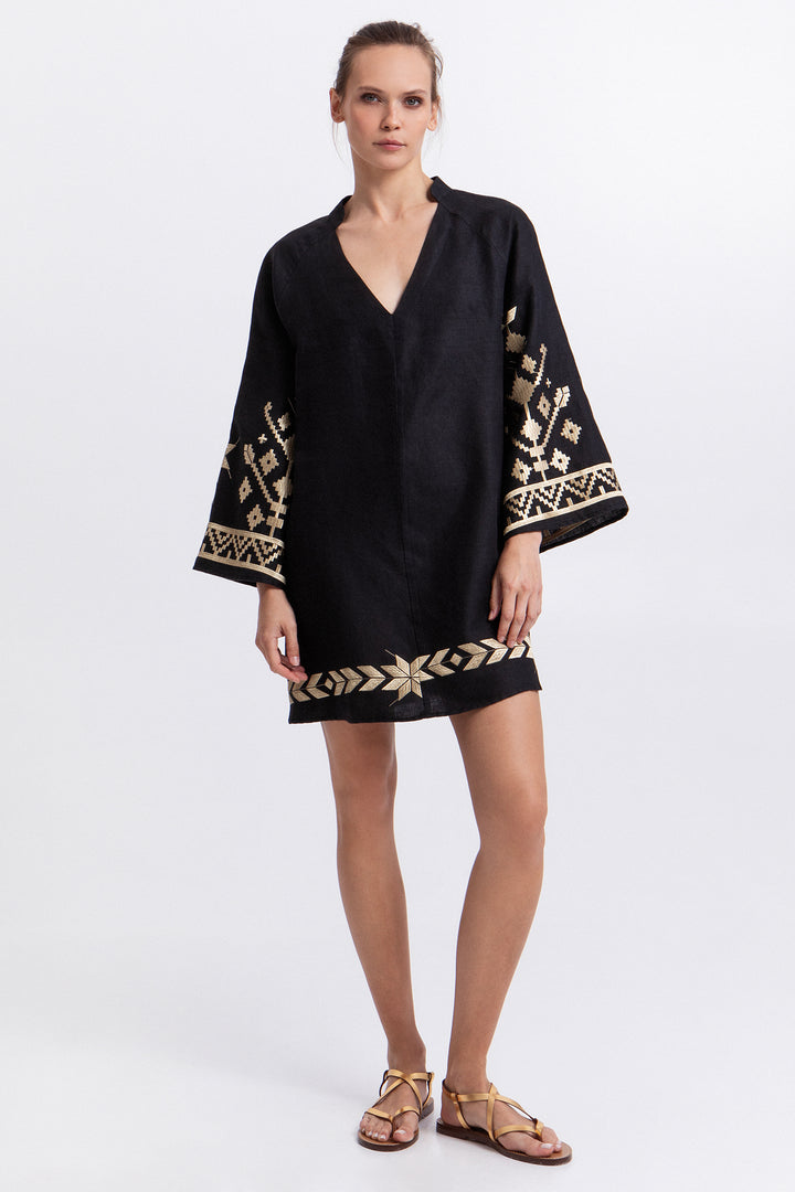 Greek Archaic Kori S26K-2043204 Black Gold Bell Sleeve Linen Dress 1201