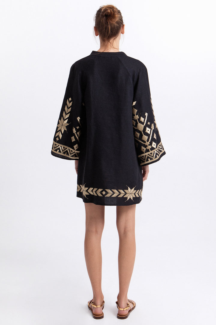 Greek Archaic Kori S26K-2043204 Black Gold Bell Sleeve Linen Dress 1201